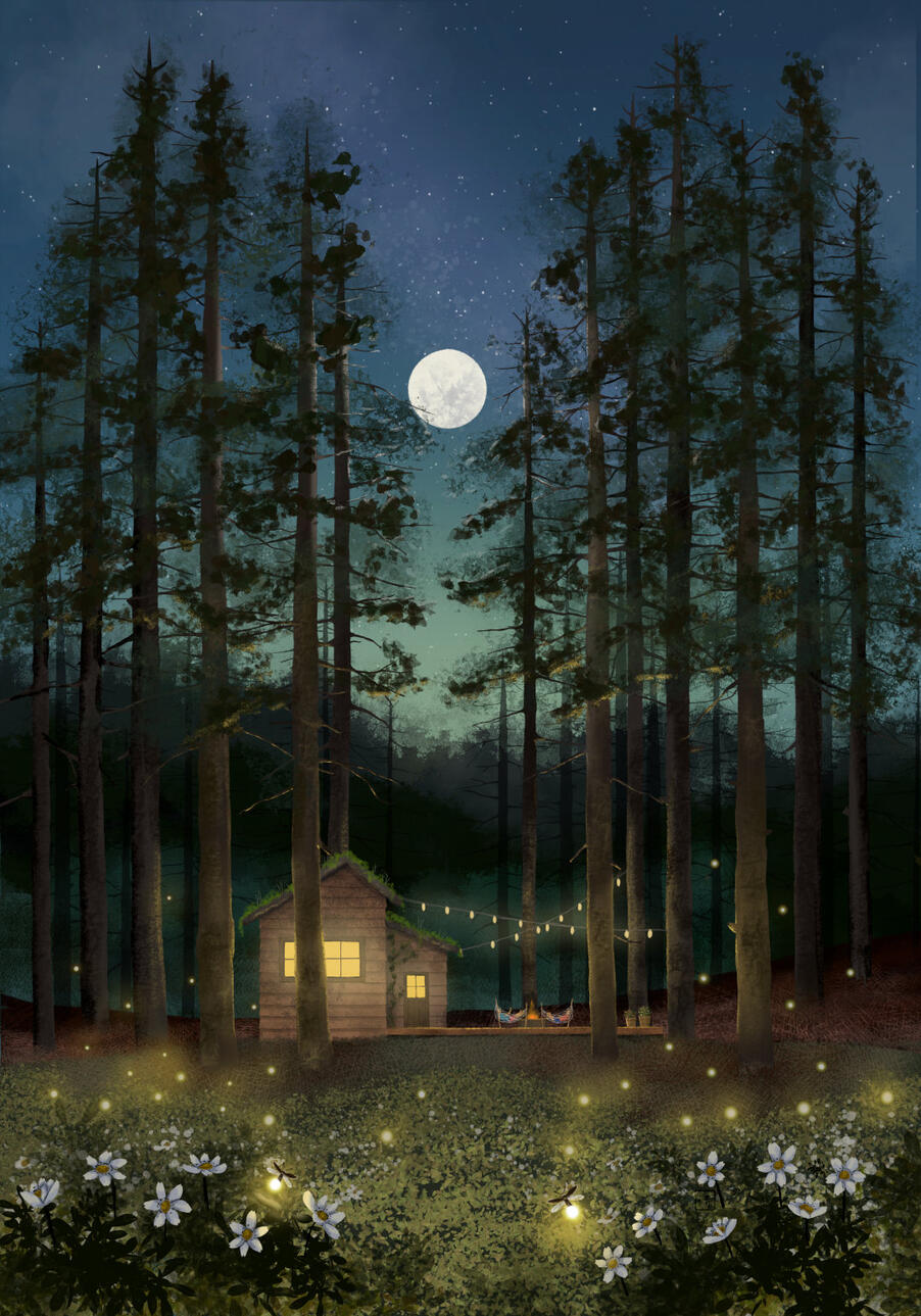 Cabin in the Woods Under a Full Moon