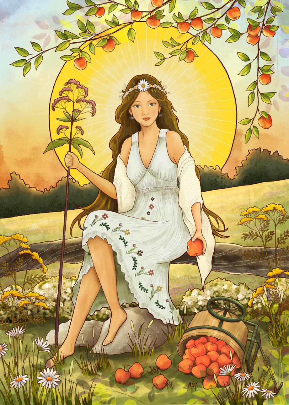 illustration of a woman with a cart of apples in an meadow at sunrise