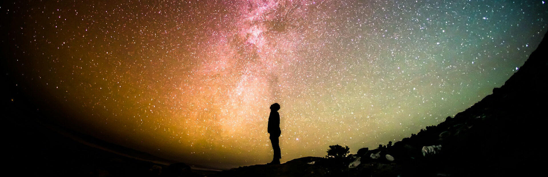 silhouette of person looking up at a starry sky