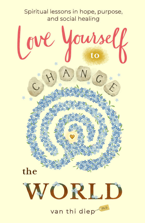 image for book cover showing a three-circuit labyrinth made of blue flowers