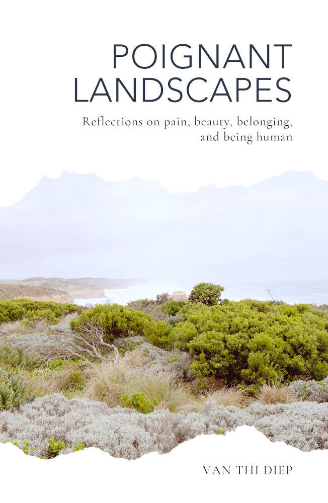 Poignant Landscapes image for book cover showing a shrubby landscape by the ocean