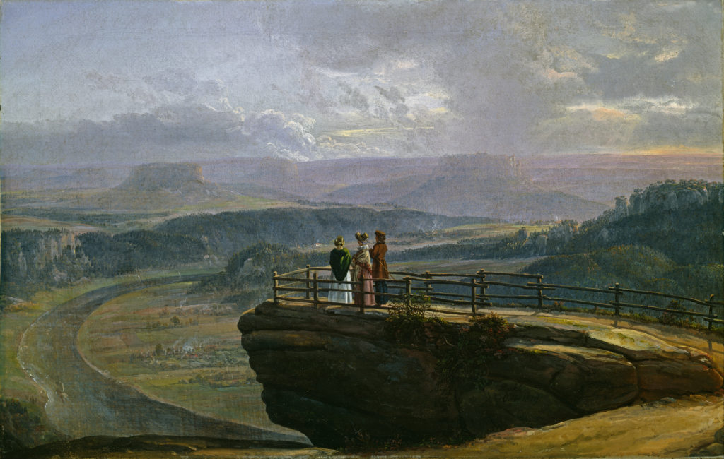 painting of three 19th century people looking at a landscape from a lookout